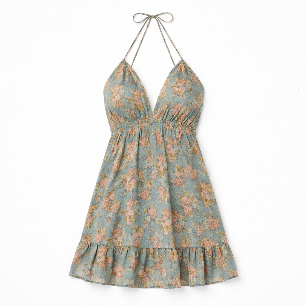 Mini Dress Floral Halter With Ruffle Hem - M / Gebloemd - Grand Lumaire Mini Dress Floral Halter With Ruffle Hem - M / Gebloemd - Grand Lumaire