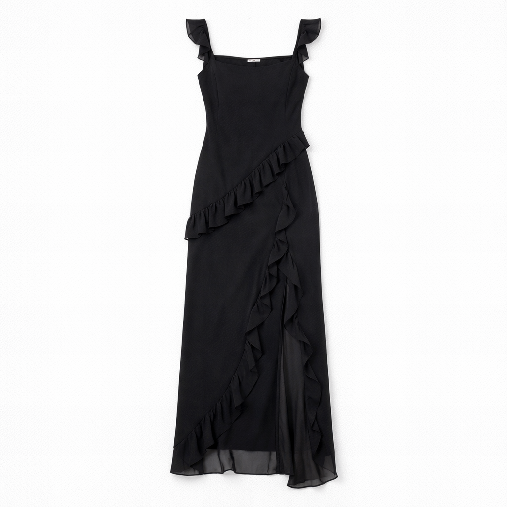 Maxi Dress with Ruffle Trim and Asymmetric Hem