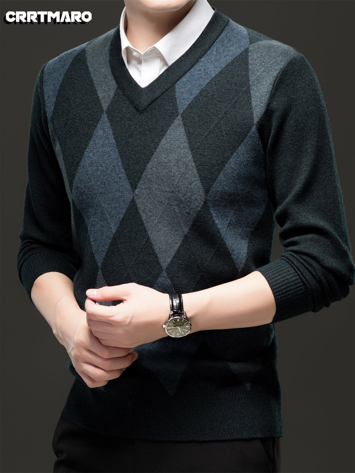 Elias | Men's Classic V-Neck Argyle Pattern Jumper - image 14