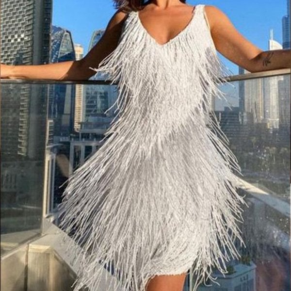 Fringe Party Dress Women Soft Breathable Blend Above Knee Figure Flattering
