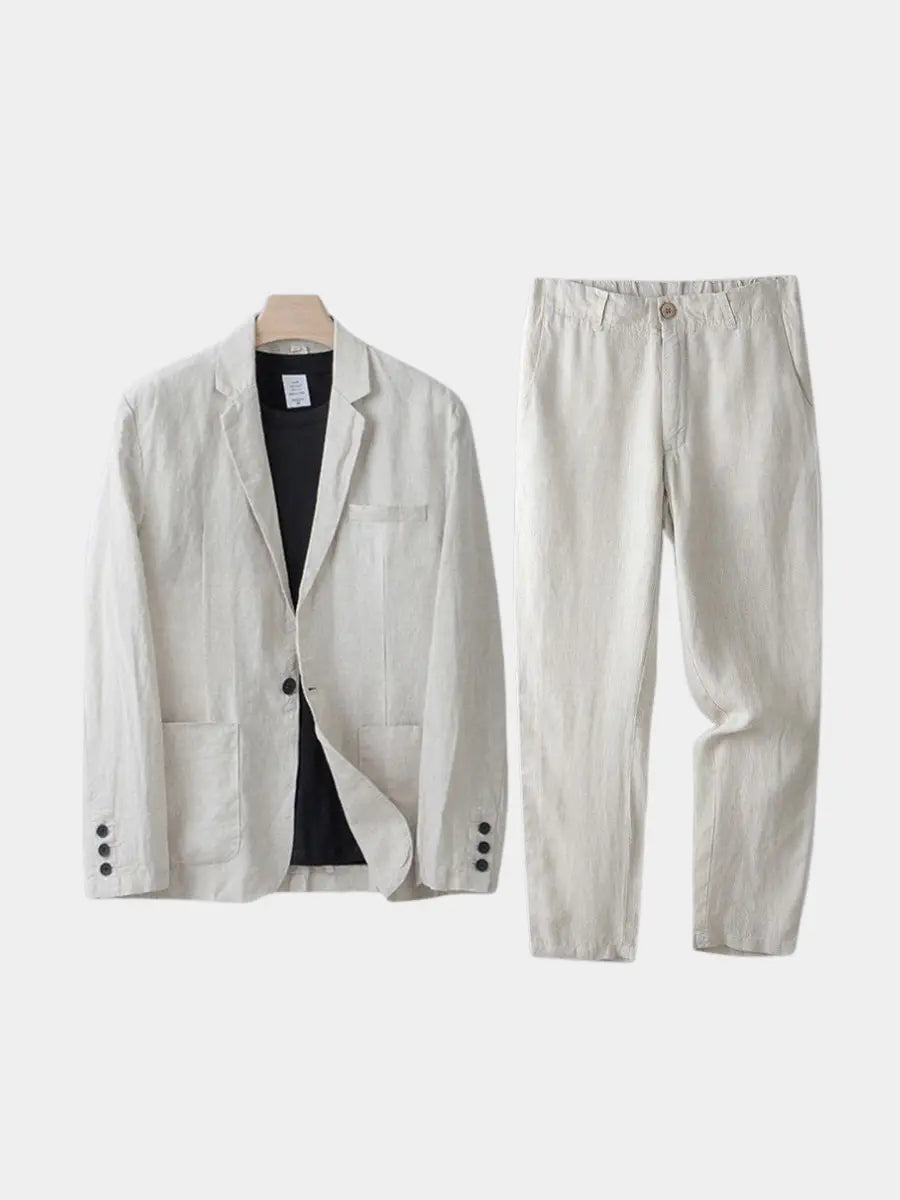Men's Linen Blend Suit Two Piece Notch Lapel Relaxed Fit Smart Casual