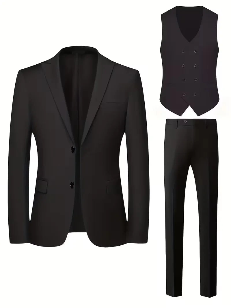 Men's Three Piece Suit Woven Fabric Peak Lapel Double Breasted Waistcoat