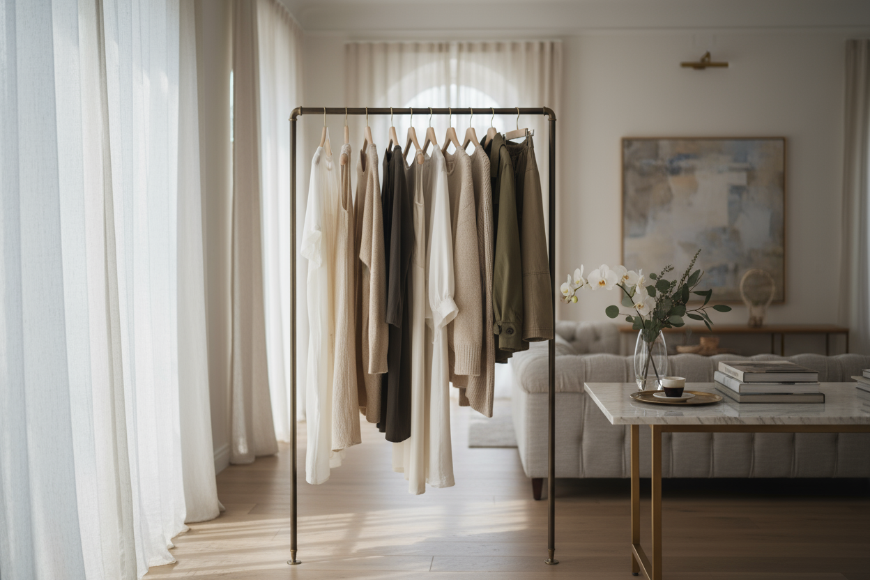 an elegant minimalist fashion studio bathed in natural morning light, showcasing a refined clothing rack with neutral-toned garments (cream, beige, charcoal, white, olive), soft linen curtains, marble table with coffee-table books and a vase with white flowers, subtle gold accents, cinematic depth of field, timeless and luxurious atmosphere, inspired by European boutique aesthetics, photographed with a Leica Q3, ultra-realistic, editorial lighting