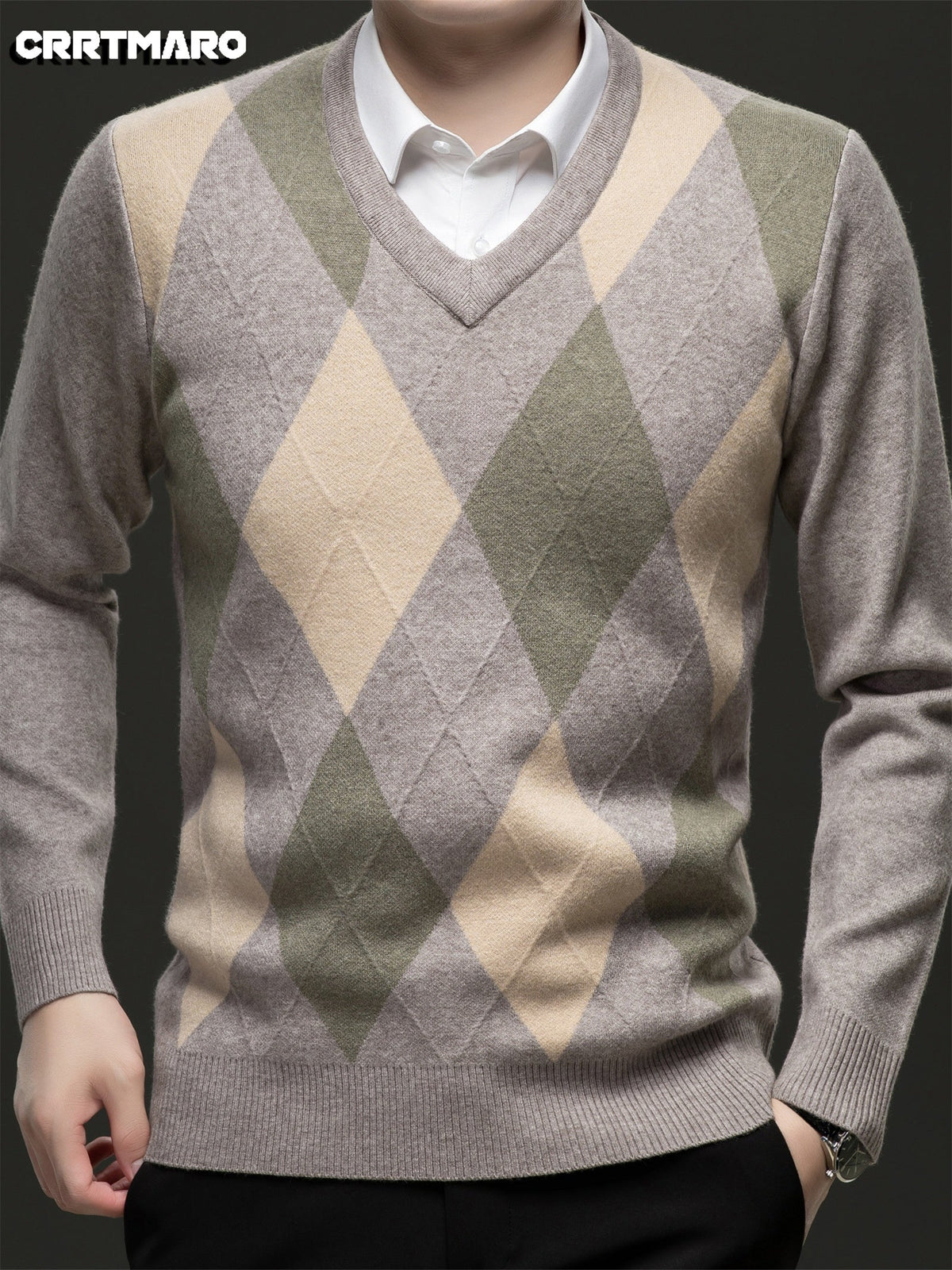 Elias | Men's Classic V-Neck Argyle Pattern Jumper - image 5