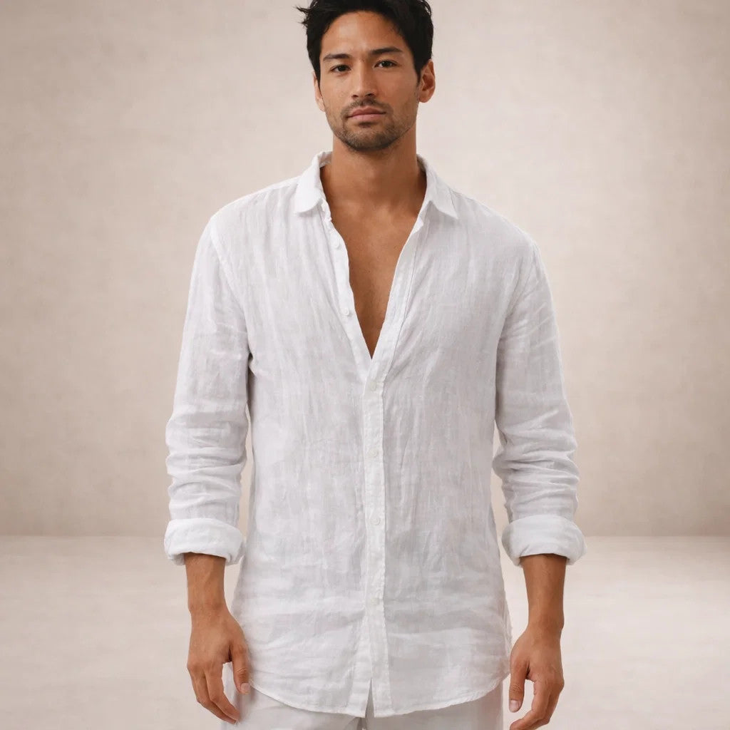 Casual Linen Shirt Men Linen Long Sleeve Open Collar Button Up Straight Fit