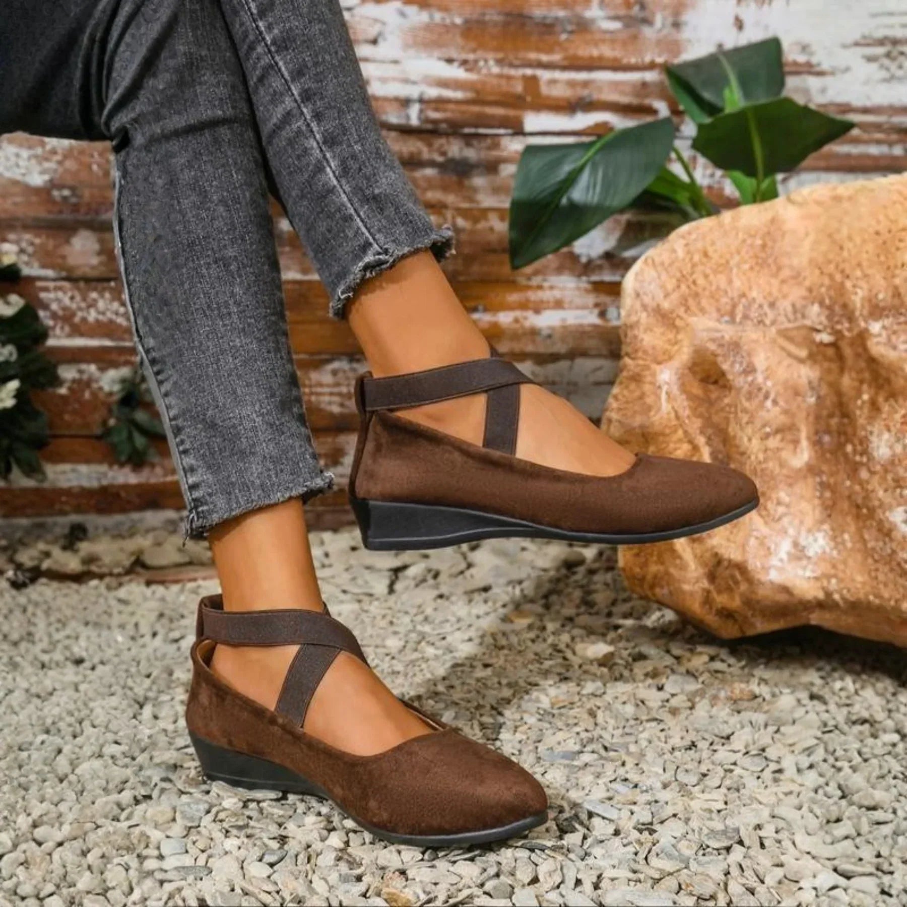 Closed Toe Wedge Ballerina Shoes Women Faux Leather Slip On Cushioned