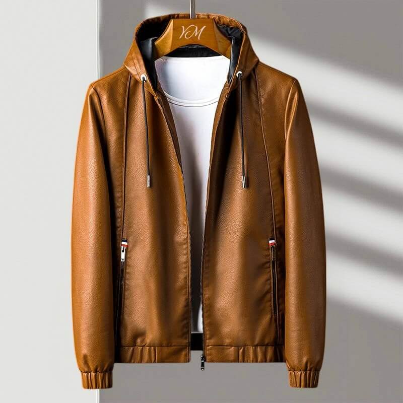 Edmund | Men's Leather-Look Hooded Jacket with Full Zip and Ribbed Hem