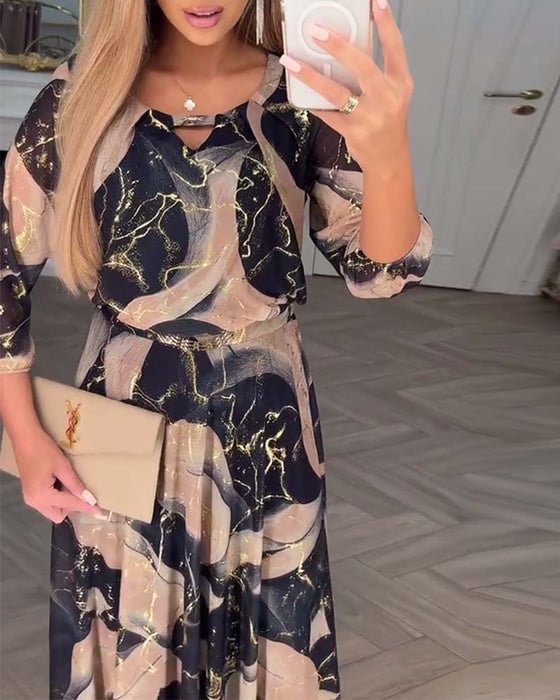 Printed Chiffon Maxi Dress Women Lightweight Breathable Fabric A Line Round Neck