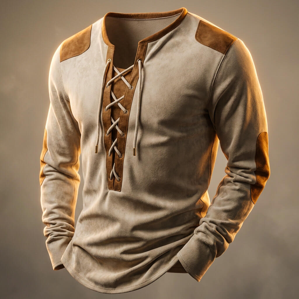 Niall | Men's Lace-Up Neck Long Sleeve Top with Suede-Look Contrast Panels