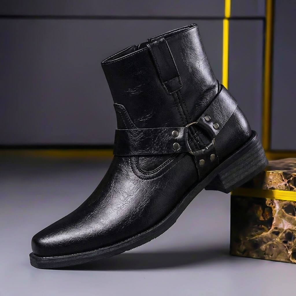 Everett | Men's Ankle Harness Boots with Ring Detail and Block Heel