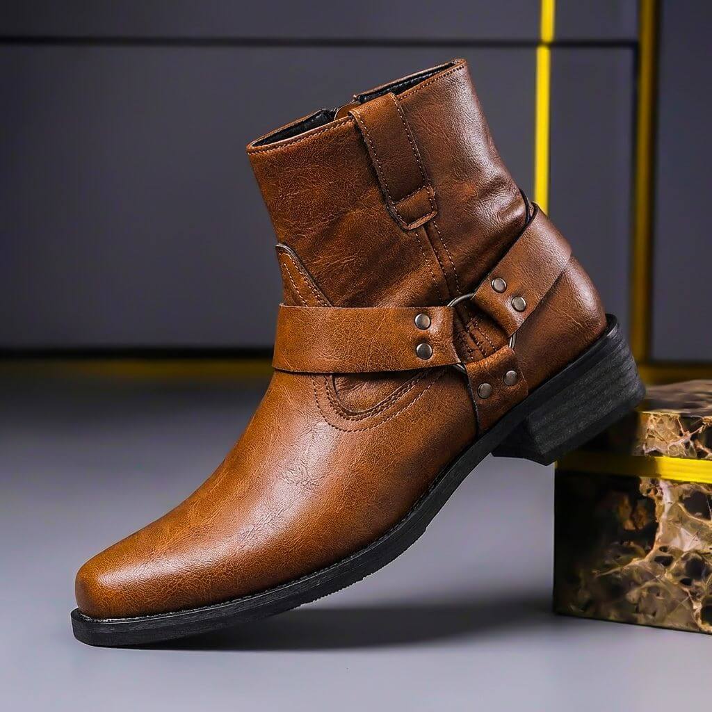 Everett | Men's Ankle Harness Boots with Ring Detail and Block Heel