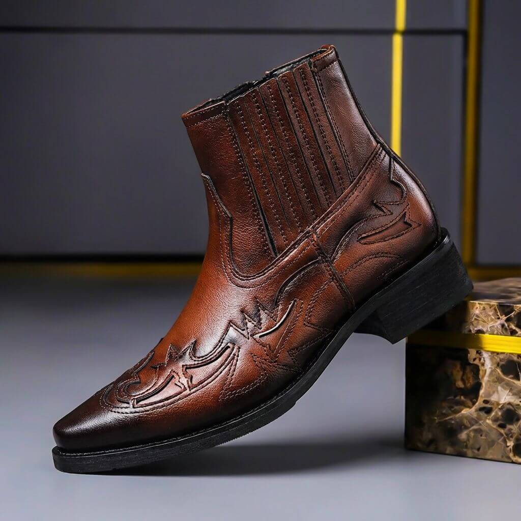 Thaddeus | Men's Western Chelsea Boots with Pointed Toe and Stitched Detailing