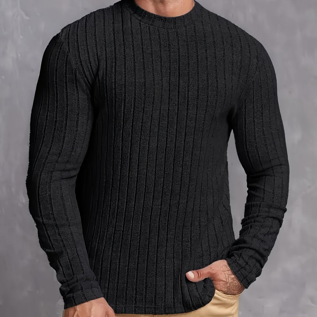 Men's Ribbed Knit Sweater Crew Neck Fitted