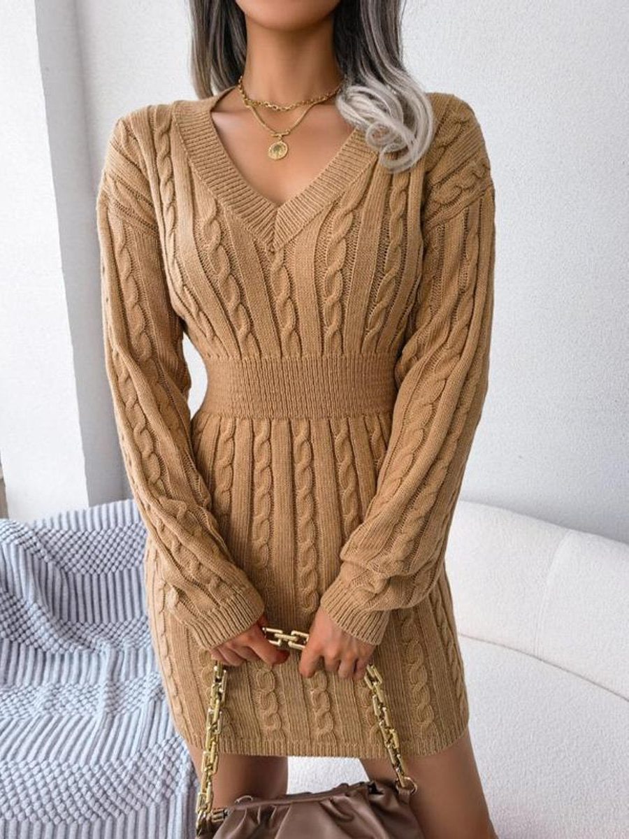 Women's Cable Knit Midi Dress V Neck Long Sleeve