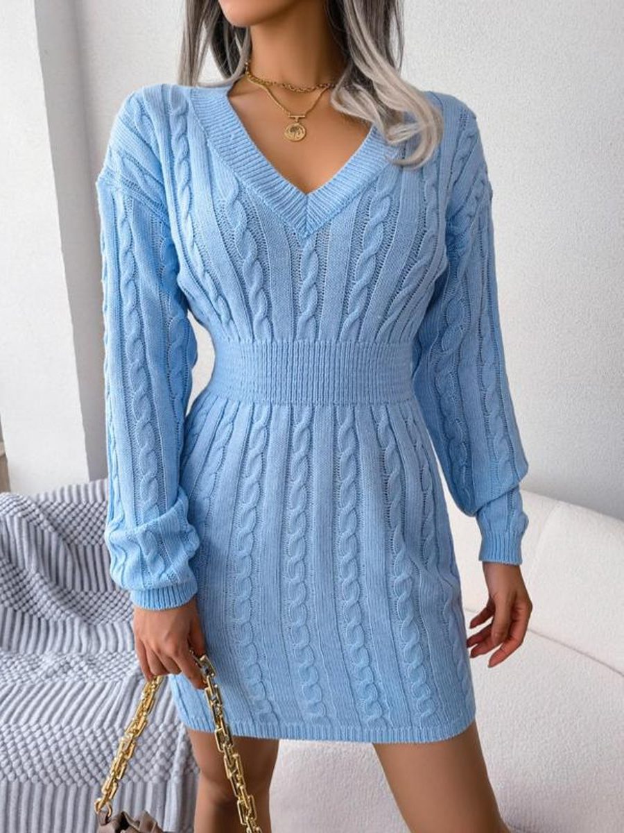 Women's Cable Knit Midi Dress V Neck Long Sleeve