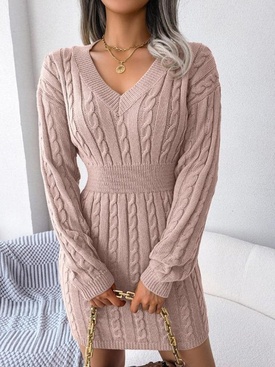 Women's Cable Knit Midi Dress V Neck Long Sleeve