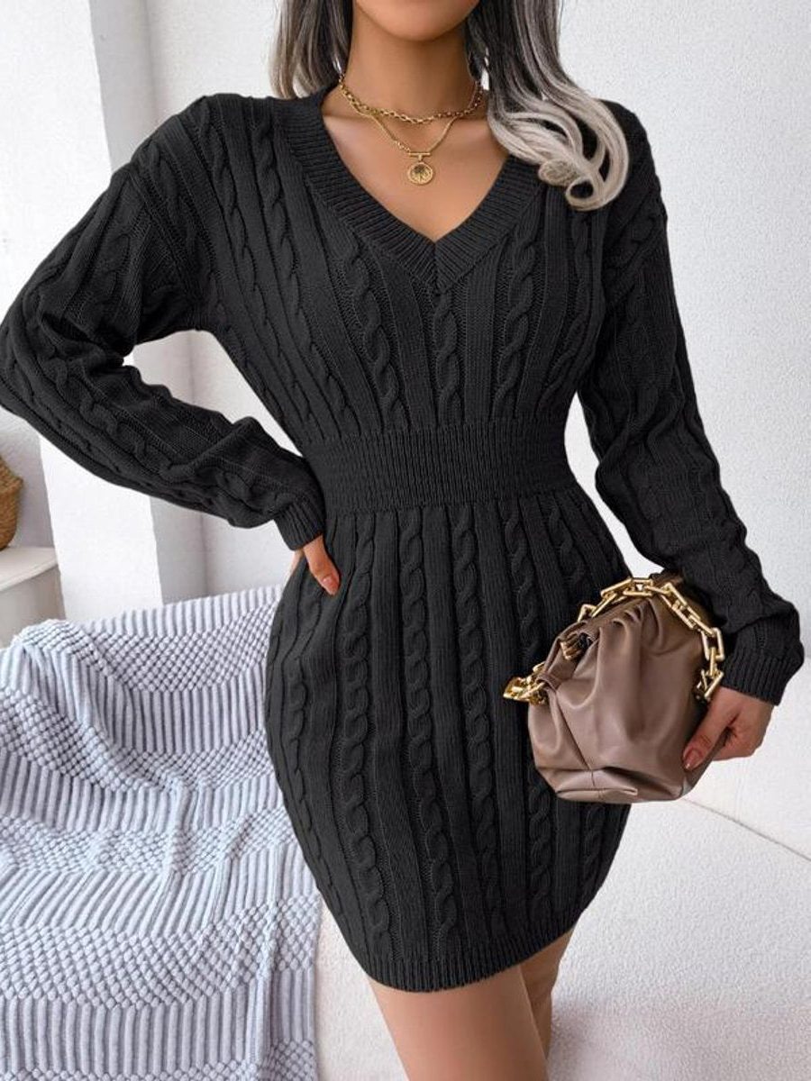 Women's Cable Knit Midi Dress V Neck Long Sleeve