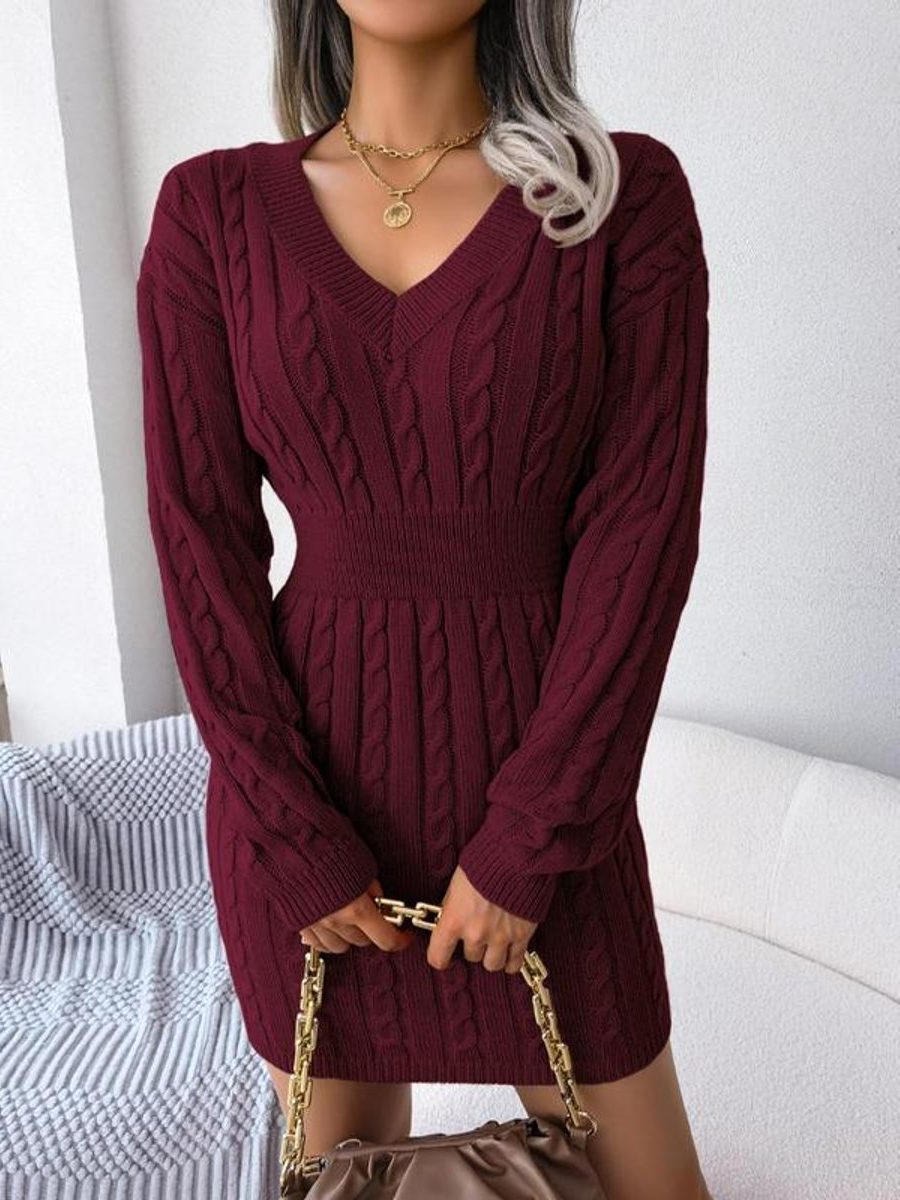 Women's Cable Knit Midi Dress V Neck Long Sleeve