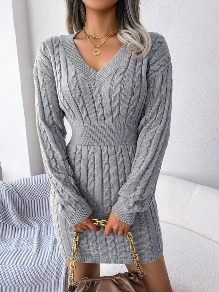 Women's Cable Knit Midi Dress V Neck Long Sleeve