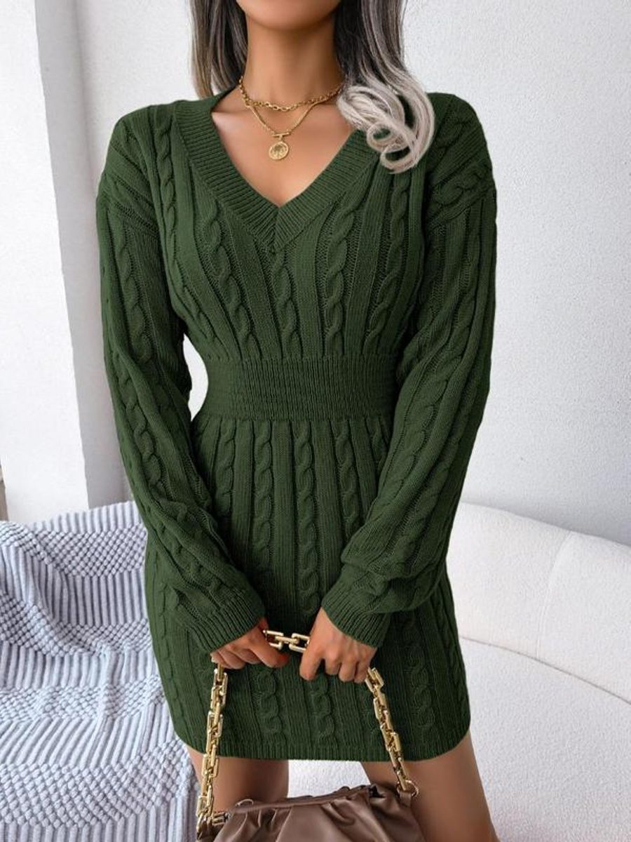 Women's Cable Knit Midi Dress V Neck Long Sleeve