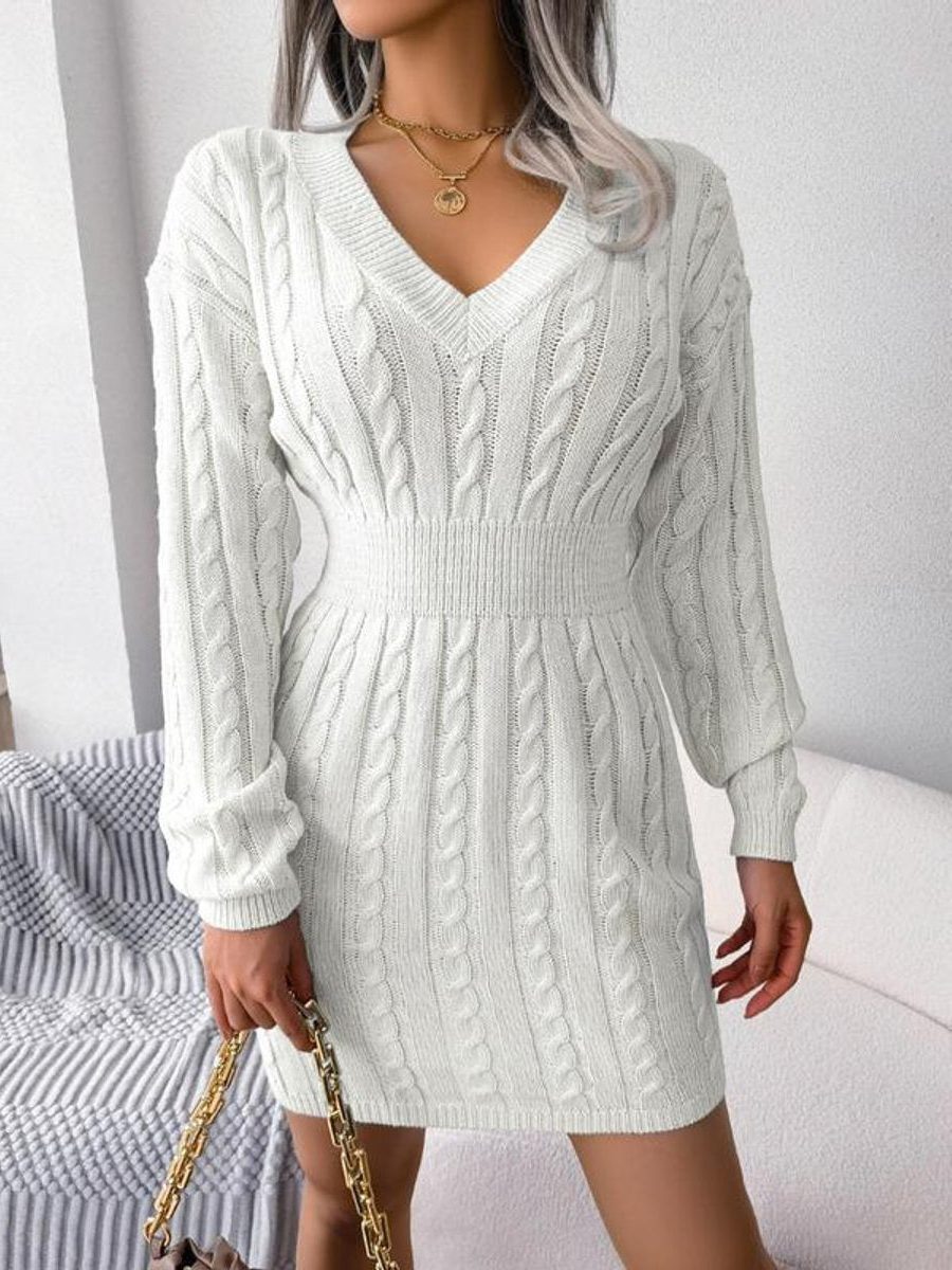 Women's Cable Knit Midi Dress V Neck Long Sleeve