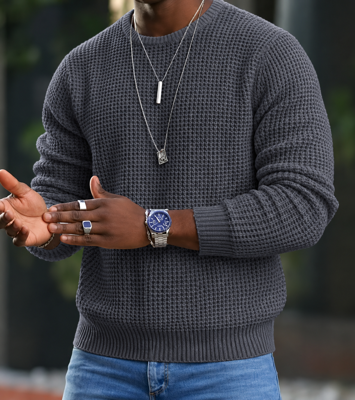 Men's Waffle Knit Crew Neck Jumper, Smart Casual Textured Pullover