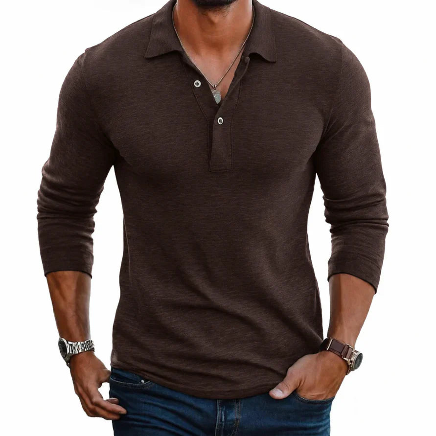 Men's Long Sleeve Polo Knit Fabric Button Placket Slim Fit