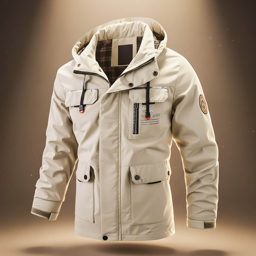 Men’s Hooded Utility Jacket with Multi Pockets and Check Lining