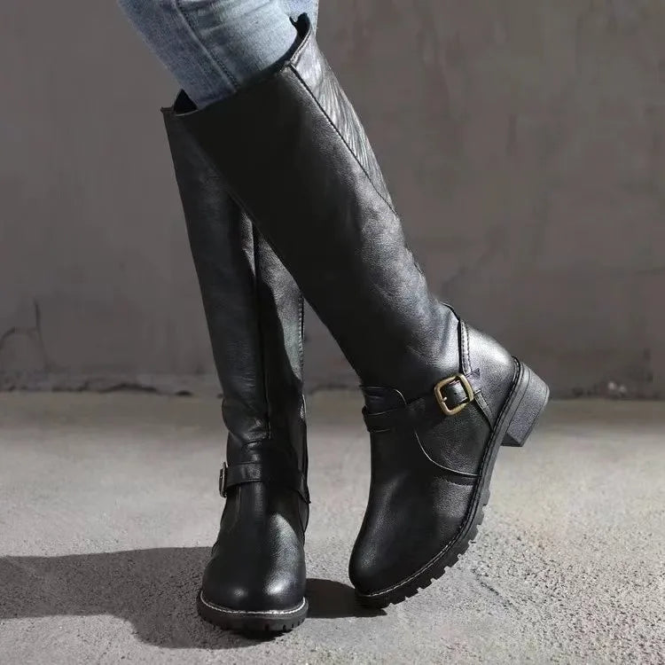Women's Leather-Look Knee High Boots, Buckle Detail Block Heel
