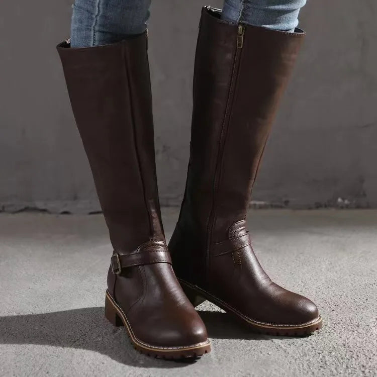 Women's Leather-Look Knee High Boots, Buckle Detail Block Heel