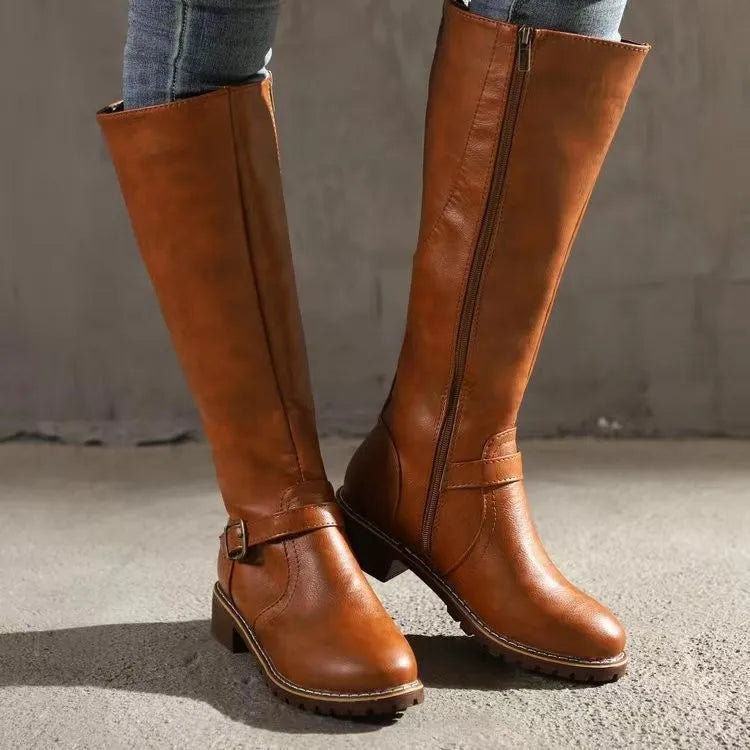 Women's Leather-Look Knee High Boots, Buckle Detail Block Heel