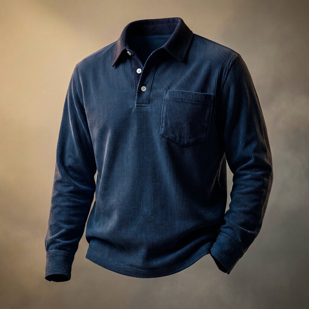 Darby | Men's Corduroy-Look Long Sleeve Polo Shirt with Contrast Collar and Chest Pocket