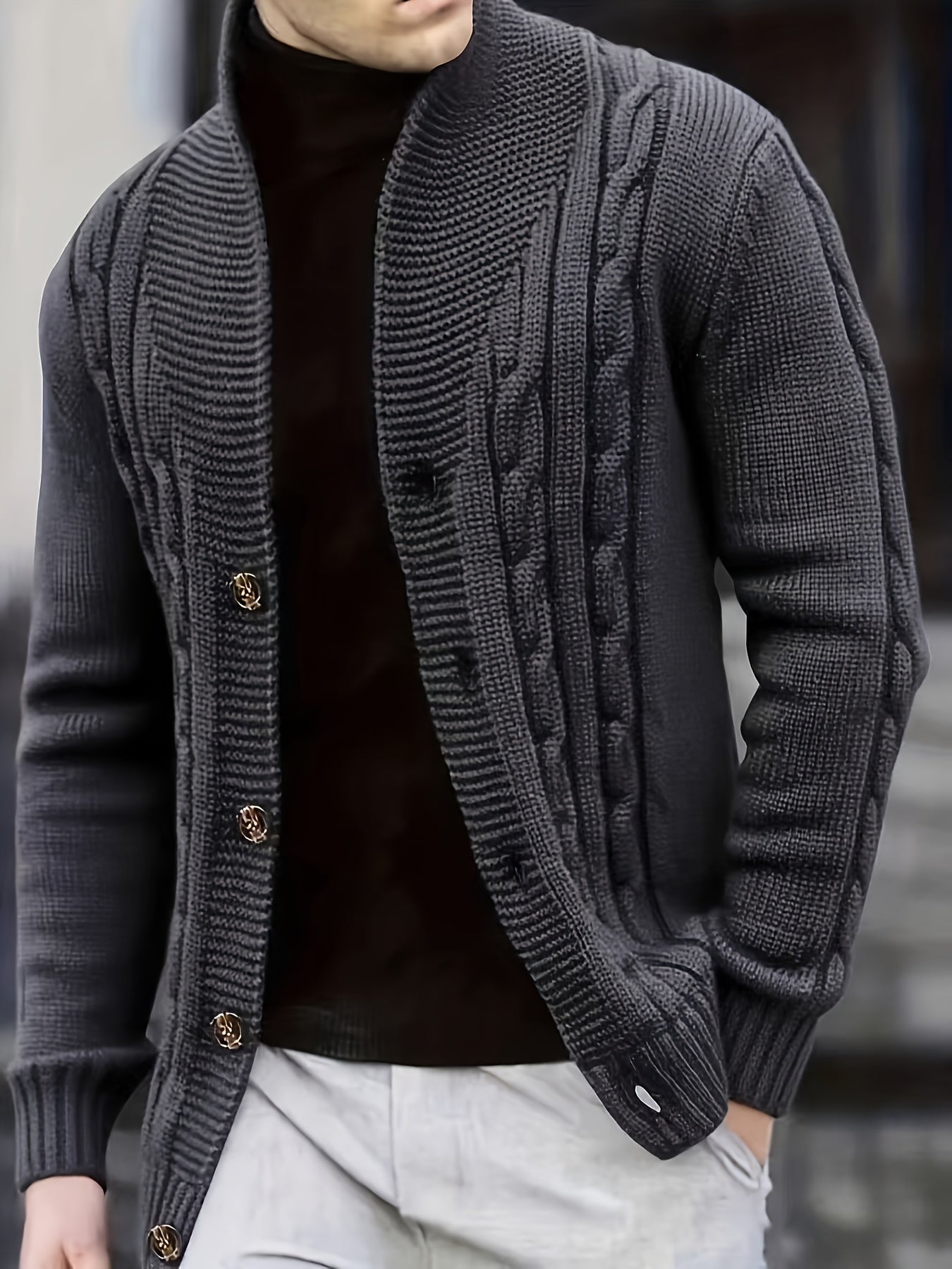 Men's Ribbed Knit Cardigan Wide Collar Regular Fit