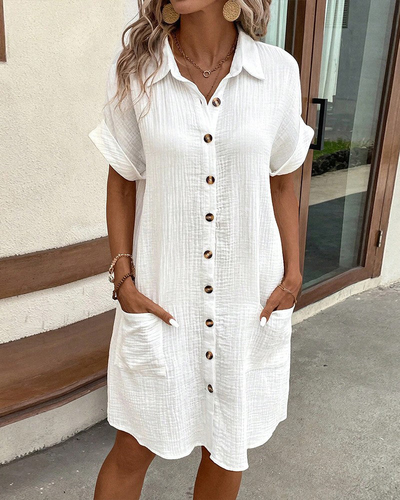 Women's Shirt Dress Woven Fabric Button Front Pocket