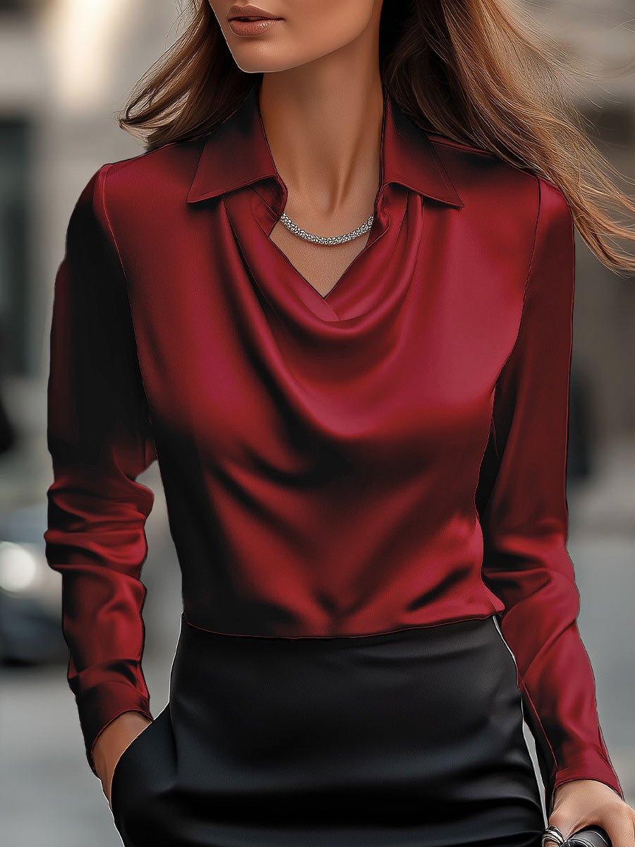 Blouse Women's Satin Fabric Draped Neckline