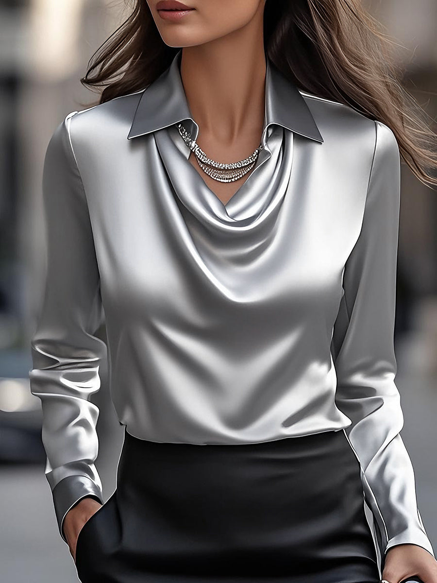 Blouse Women's Satin Fabric Draped Neckline