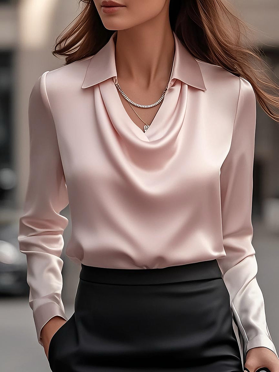 Blouse Women's Satin Fabric Draped Neckline