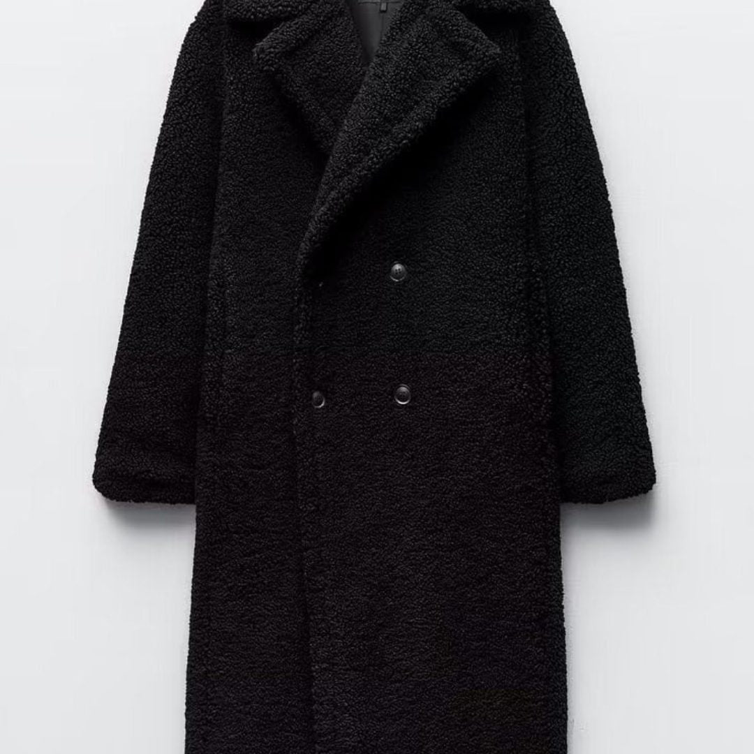 Women's Oversized Teddy Maxi Coat with Double-Breasted Front