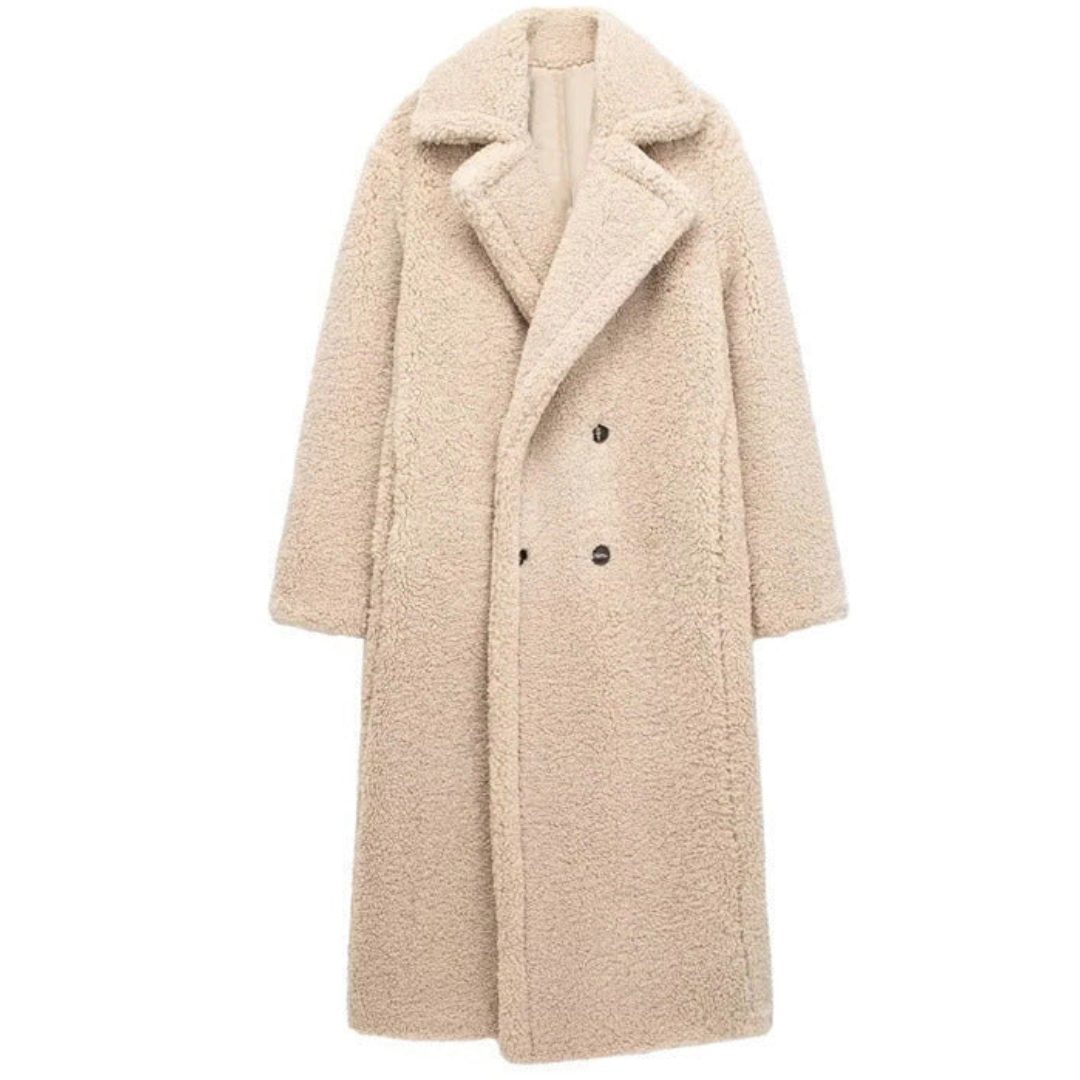 Women's Oversized Teddy Maxi Coat with Double-Breasted Front