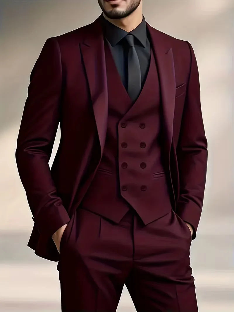 Men's Three Piece Suit Woven Fabric Peak Lapel Double Breasted Waistcoat