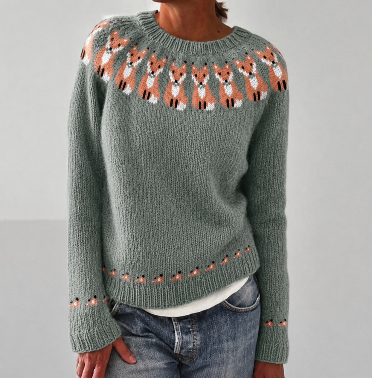 Women's Fair Isle Jumper, Crew Neck Yoke Pattern Loose Fit Knitwear
