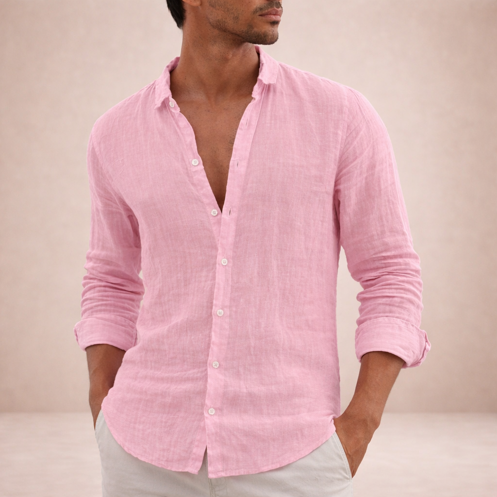 Casual Linen Shirt Men Linen Long Sleeve Open Collar Button Up Straight Fit