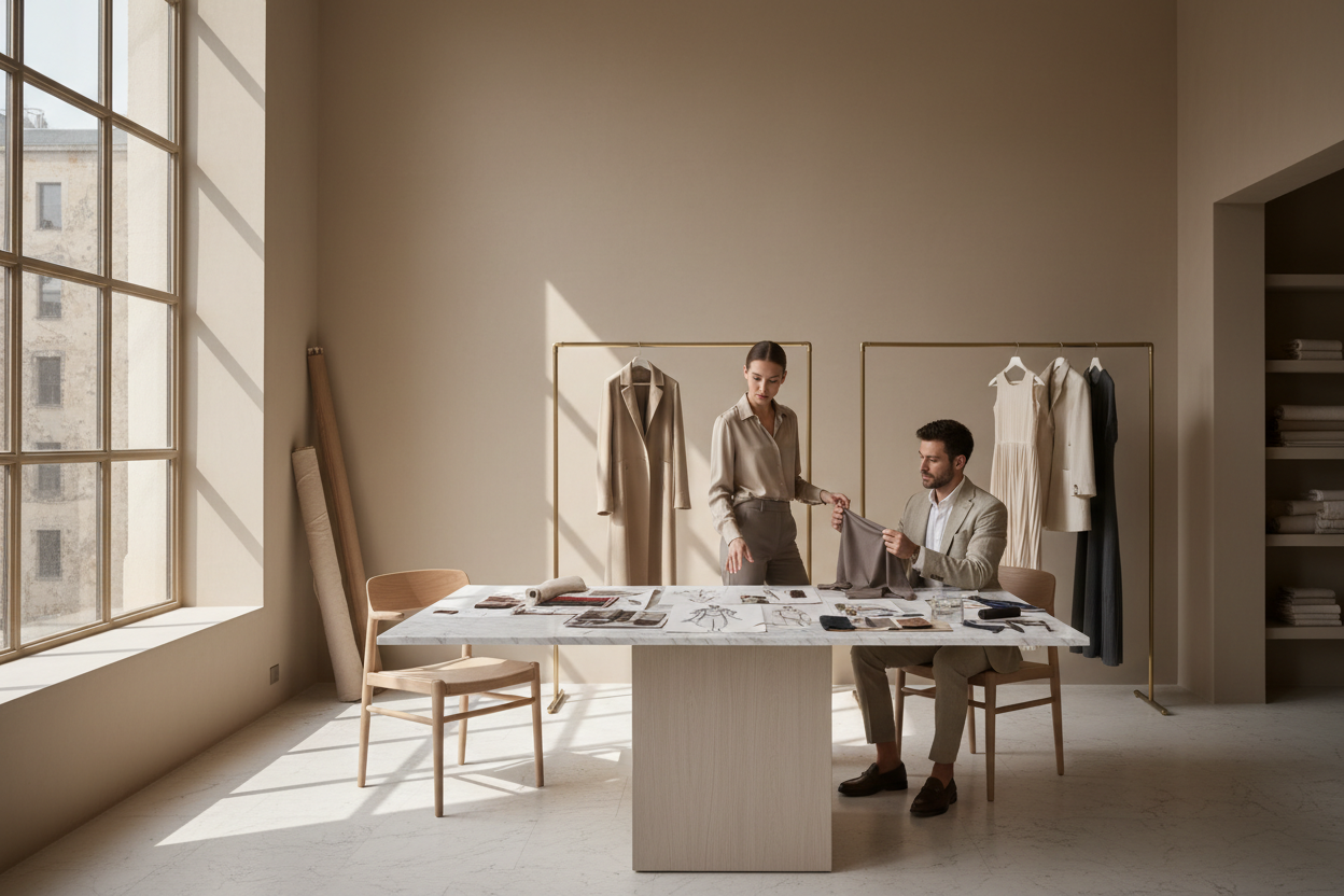 elegant fashion designers working in a bright minimalist atelier, soft morning sunlight streaming through tall windows, neutral color palette (beige, ivory, sand, taupe), refined clothing pieces hanging on a rack, marble table with sketches and fabric samples, calm and creative atmosphere, cinematic editorial lighting, captured with a Leica Q3, ultra-realistic details, modern European aesthetic, luxury old-money vibe
