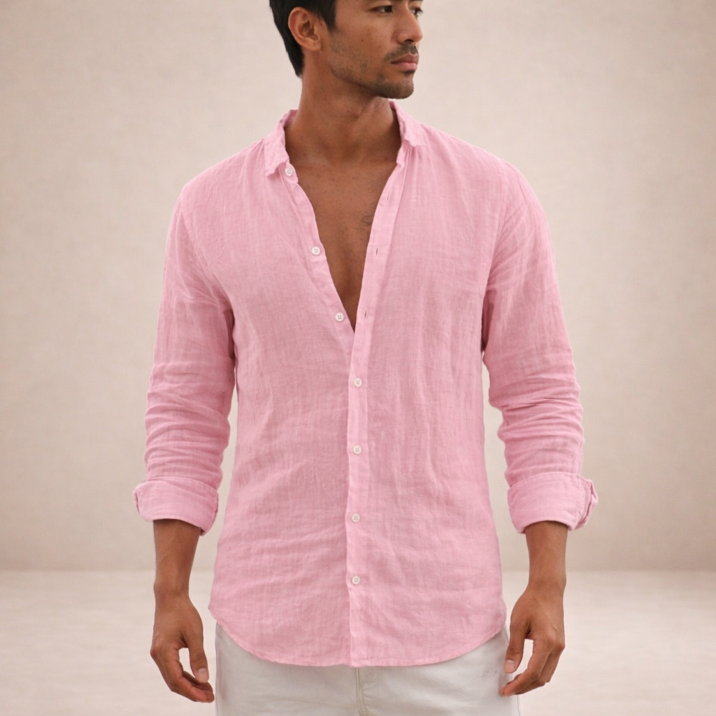 Casual Linen Shirt Men Linen Long Sleeve Open Collar Button Up Straight Fit