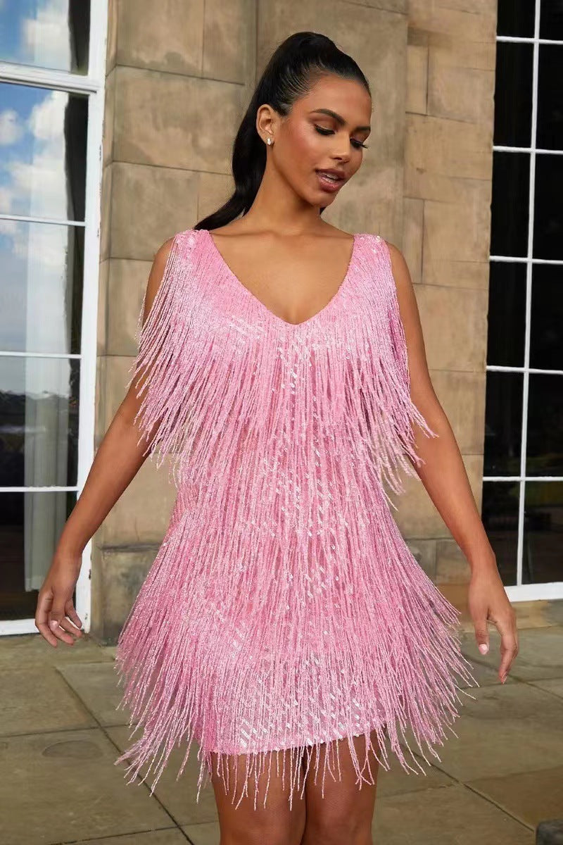 Fringe Party Dress Women Soft Breathable Blend Above Knee Figure Flattering