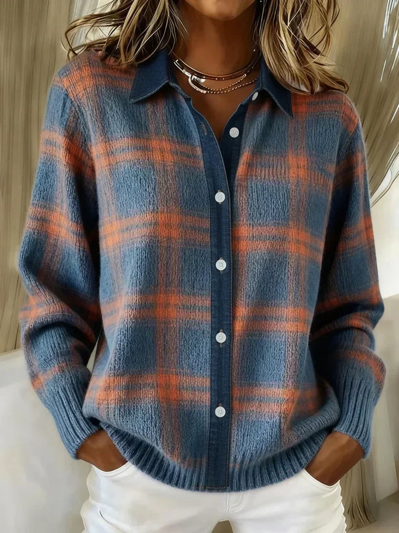Clementine | Women's Elegant Longline Checkered Button-Front Cardigan - Blue and Orange