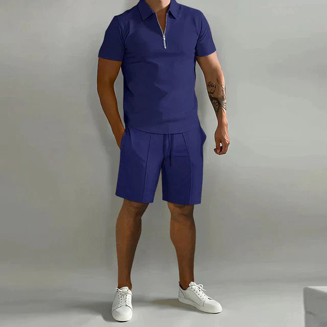 Men's Polo Short Set Stretch Fabric Zip Placket Drawstring Two Piece