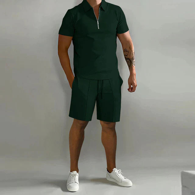 Men's Polo Short Set Stretch Fabric Zip Placket Drawstring Two Piece