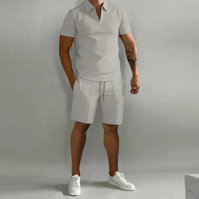Men's Polo Short Set Stretch Fabric Zip Placket Drawstring Two Piece