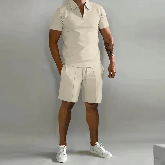 Men's Polo Short Set Stretch Fabric Zip Placket Drawstring Two Piece